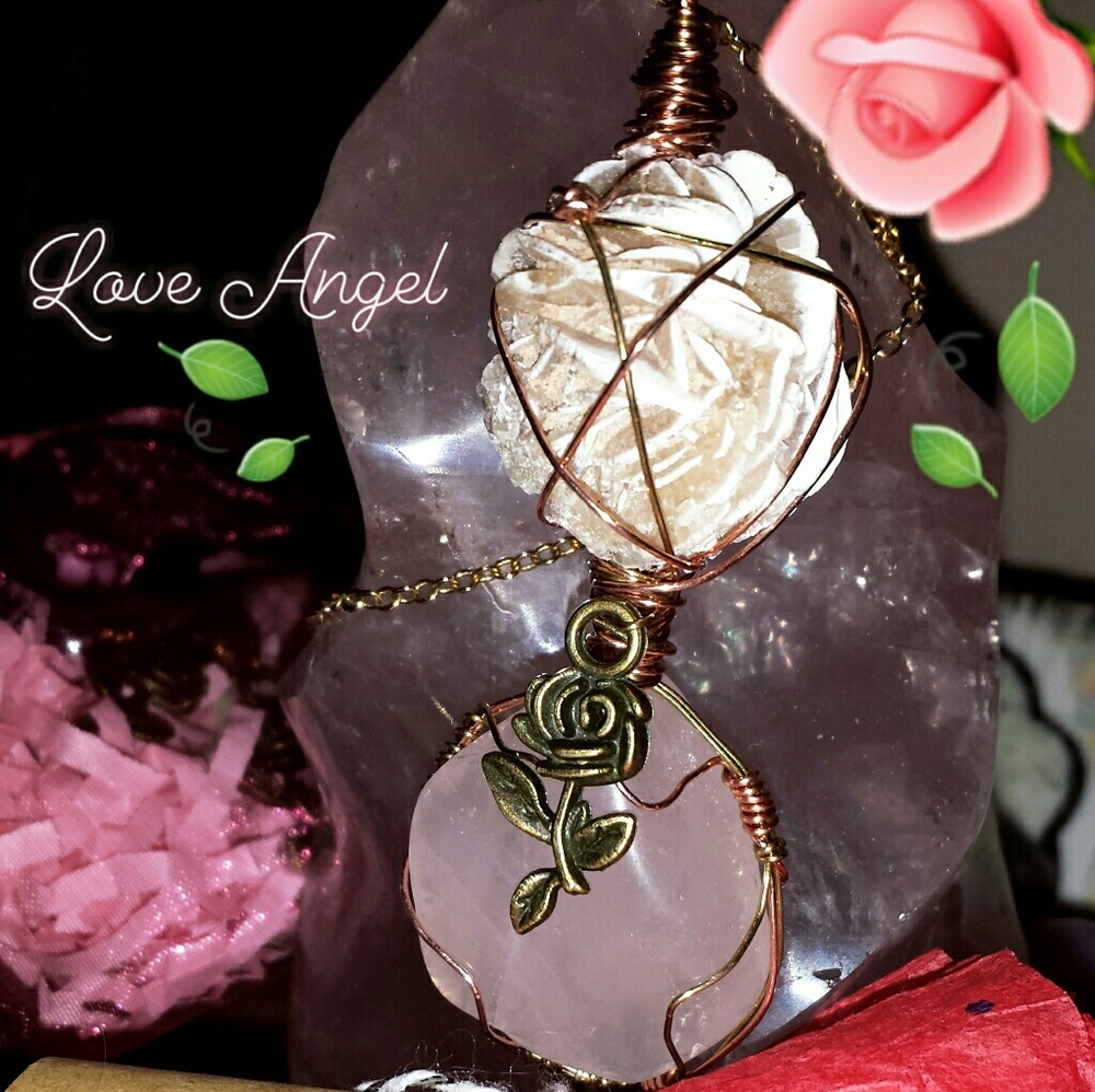 Rose Quartz & Desert ROSE Selenite Wire wrapped ne